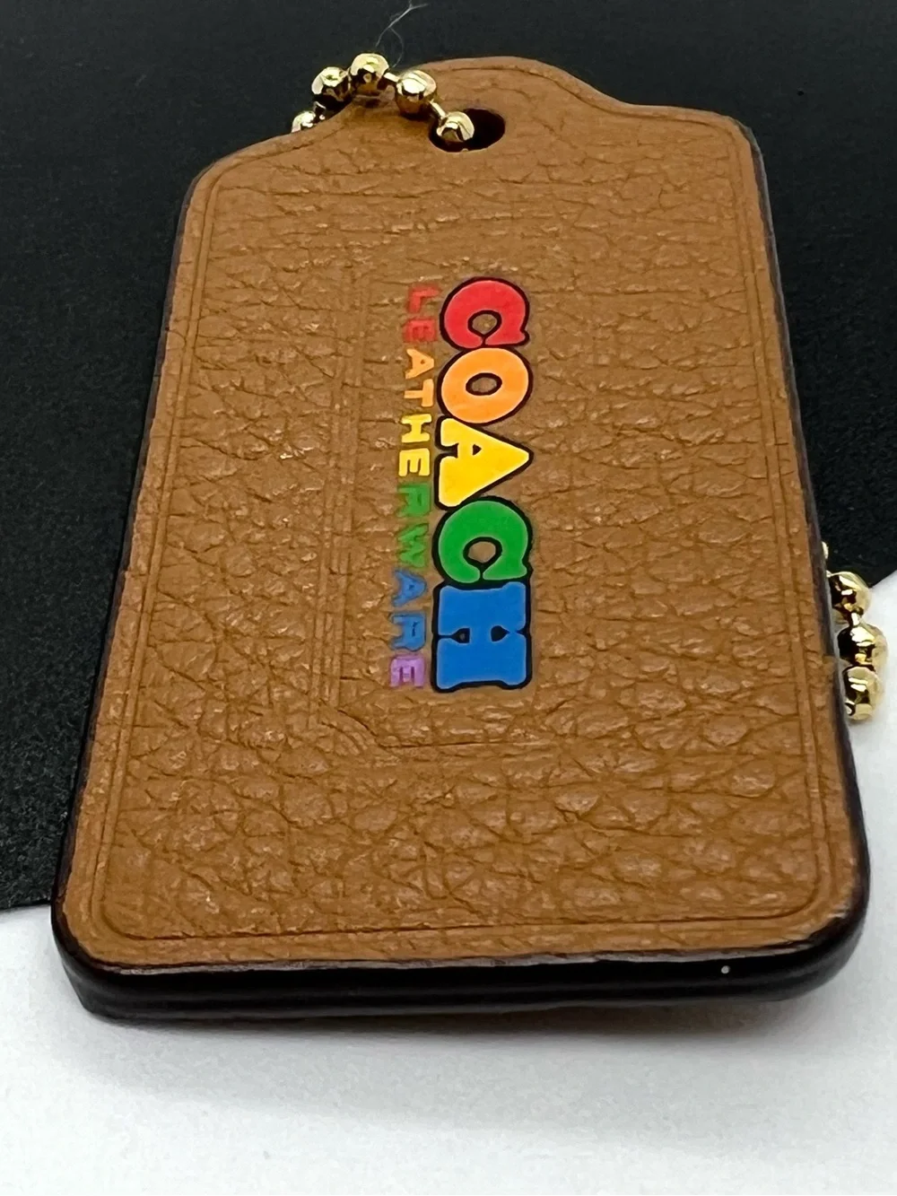 Coach Rainbow Pride Leatherware Hang Tag Bag Charm Saddle Brown Gold EUC